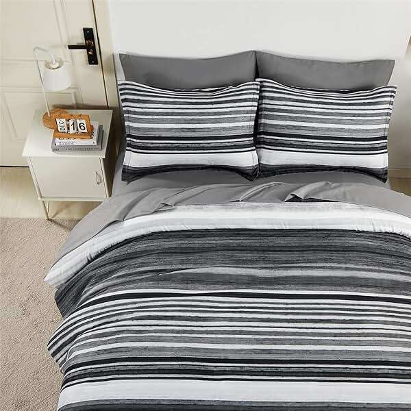 KAKIJUMN 7 Piece Bed in a Bag Stripe Comforter Set Queen Size, White Grey Black Patchwork Striped Comforter and Sheet Set, All Season Soft Microfiber Complete Bedding Sets(Grey,Queen) - Image 5