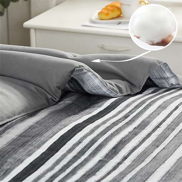 KAKIJUMN 7 Piece Bed in a Bag Stripe Comforter Set Queen Size, White Grey Black Patchwork Striped Comforter and Sheet Set, All Season Soft Microfiber Complete Bedding Sets(Grey,Queen) - Image 6