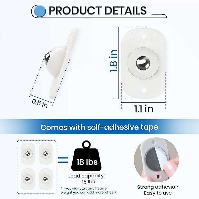 TRVL FIELDER Self Adhesive Caster Wheels, Appliance Rollers Appliance Slider for Kitchen, 360° Swivel Small Casters - Solve Coffee Maker Air Fryer Small Appliances Countertop Sliding (8, White-Swivel) - Image 2