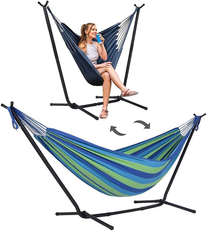 SUNCREAT 2-in-1 Hammocks Hammock Chair with Stand, 475 lbs Capacity, Heavy Duty Two Person Hammock with Stand, Patented, Blue Stripe - Image 1