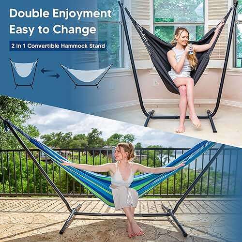 SUNCREAT 2-in-1 Hammocks Hammock Chair with Stand, 475 lbs Capacity, Heavy Duty Two Person Hammock with Stand, Patented, Blue Stripe - Image 3