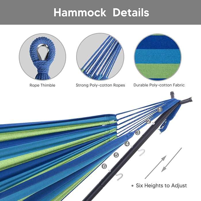 SUNCREAT 2-in-1 Hammocks Hammock Chair with Stand, 475 lbs Capacity, Heavy Duty Two Person Hammock with Stand, Patented, Blue Stripe - Image 6