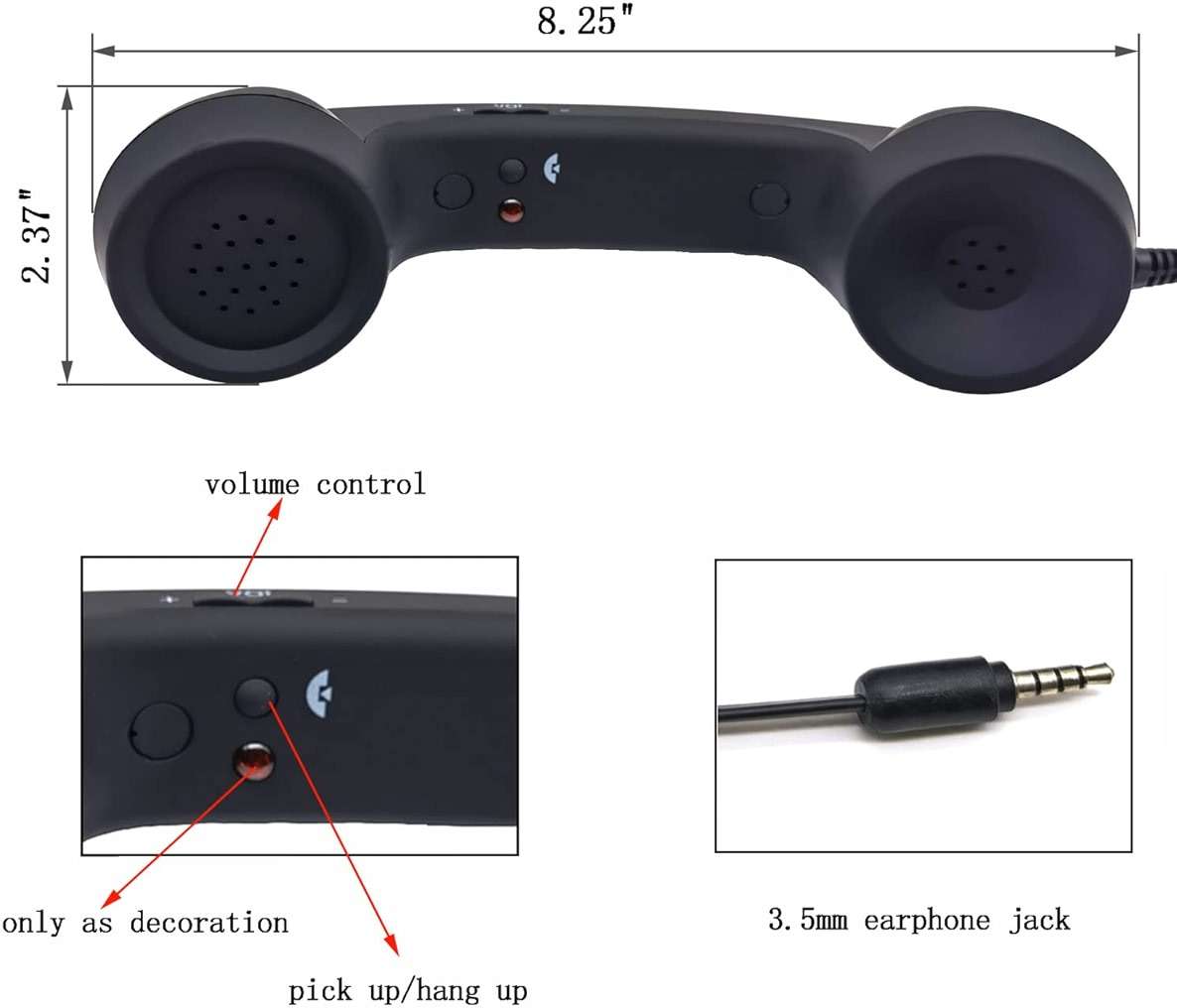 BlueMart 3.5mm Vintage Retro Telephone Handset Cell Phone Receiver Mic Microphone Speaker for iPhone iPad Mobile Phones Cellphone Smartphone (Black) - Image 4