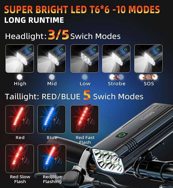 2026 Upgrade 6800Lumen Bike Light for Night Riding,Super Bright 6 LED Headlight,Aluminum 10 Mode Rechargeable Bicycle Light Front and Rear,360°Rotatable Brackt,Waterproof,Runtime 72 hr,Road Shockproof - Image 3