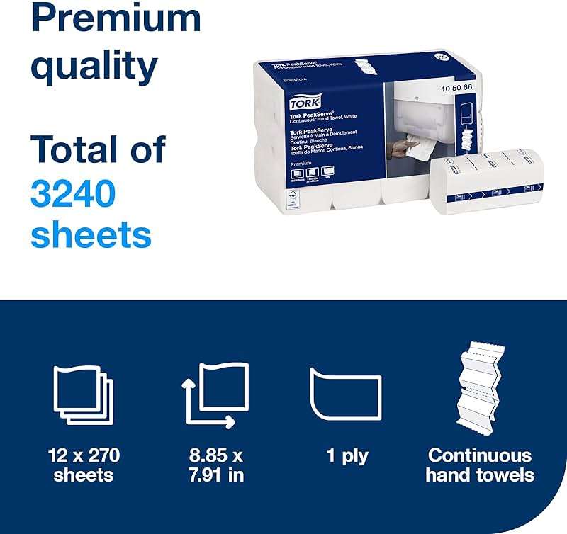 Tork PeakServe Continuous Paper Hand Towels White H5, Premium, Compressed, 12 x 270 sheets, 105066 - Image 2