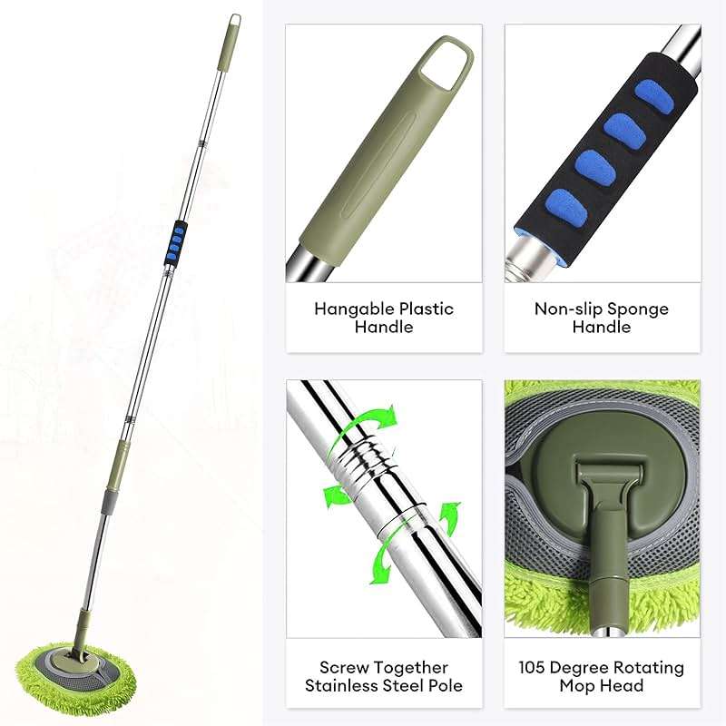 Wall Cleaner, Max 66'' Wall Mop with Long Handle, Ceiling Dust Mop with 15° Labor-Saving Elbow Extension Pole, Baseboard Duster Washer Scrubber, High Reach Window Cleaning Brush, Roof Cleaning Tool-GN - Image 3