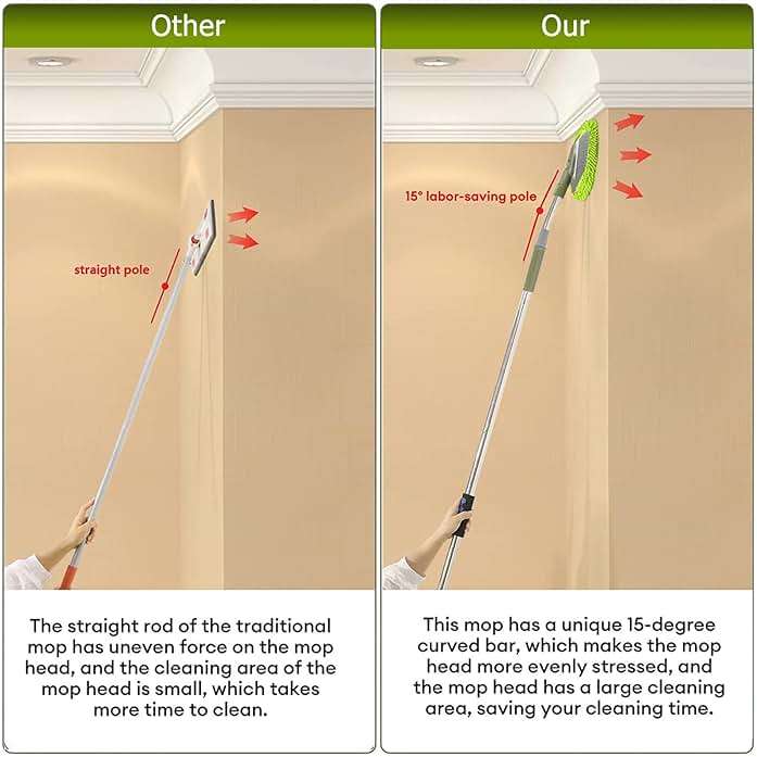 Wall Cleaner, Max 66'' Wall Mop with Long Handle, Ceiling Dust Mop with 15° Labor-Saving Elbow Extension Pole, Baseboard Duster Washer Scrubber, High Reach Window Cleaning Brush, Roof Cleaning Tool-GN - Image 4