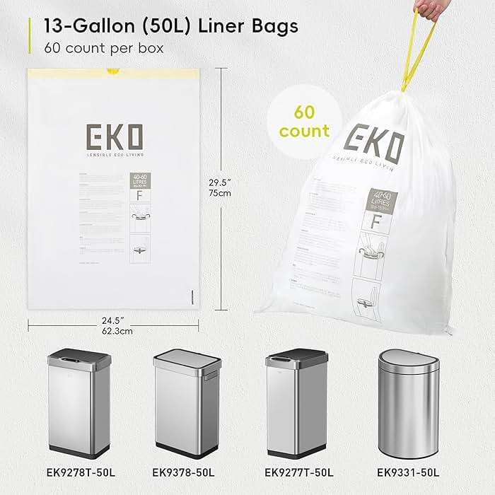 EKO 13 Gallon / 40-60 Liter, 60 Count Drawstring Trash Bags, Extra-Strong Unscented Garbage Bags, Easy-Dispense Roll for Kitchen & Household Use, Leak-Resistant, Code F, White - Image 2