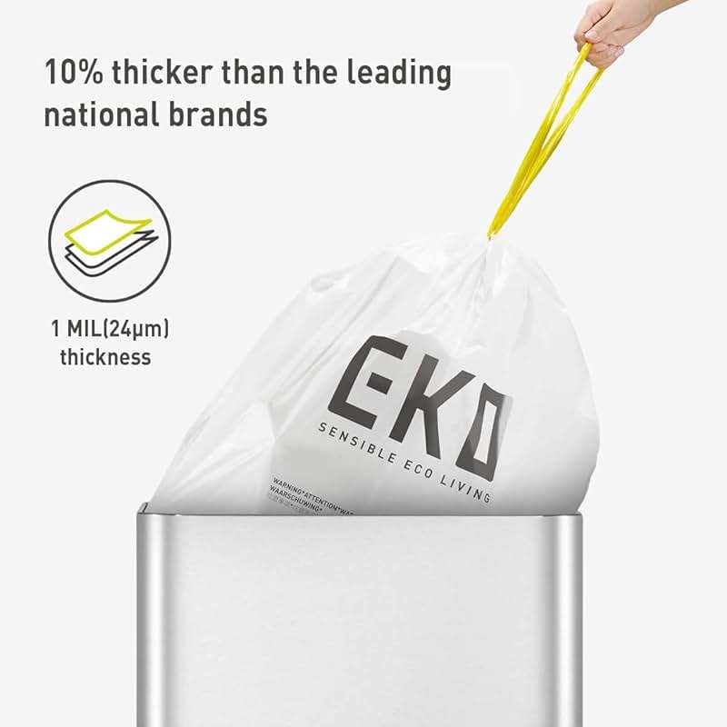 EKO 13 Gallon / 40-60 Liter, 60 Count Drawstring Trash Bags, Extra-Strong Unscented Garbage Bags, Easy-Dispense Roll for Kitchen & Household Use, Leak-Resistant, Code F, White - Image 3