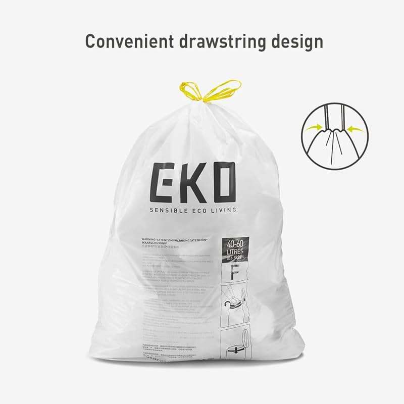 EKO 13 Gallon / 40-60 Liter, 60 Count Drawstring Trash Bags, Extra-Strong Unscented Garbage Bags, Easy-Dispense Roll for Kitchen & Household Use, Leak-Resistant, Code F, White - Image 4
