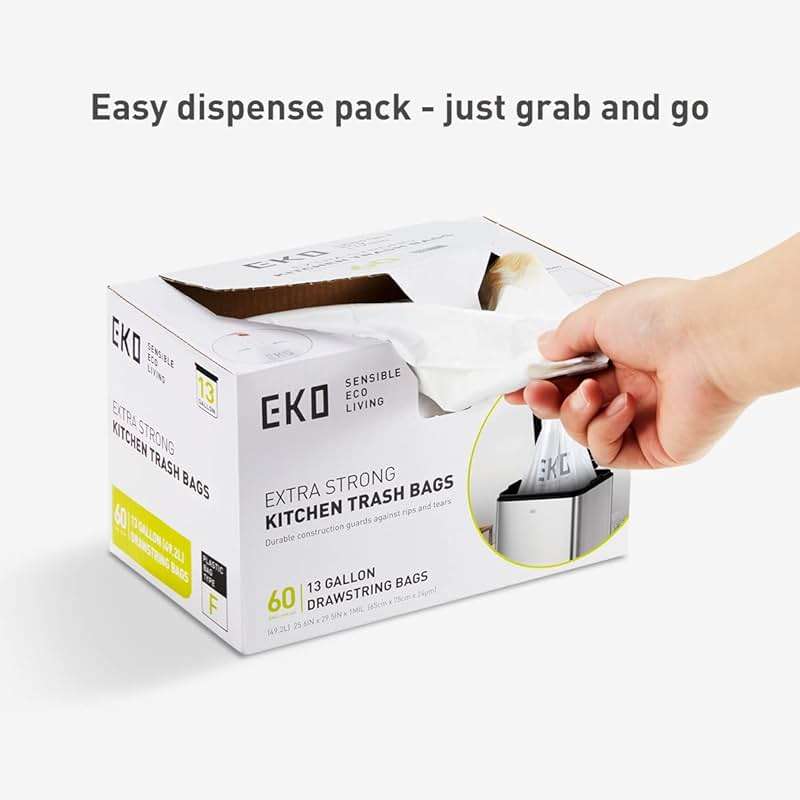 EKO 13 Gallon / 40-60 Liter, 60 Count Drawstring Trash Bags, Extra-Strong Unscented Garbage Bags, Easy-Dispense Roll for Kitchen & Household Use, Leak-Resistant, Code F, White - Image 5