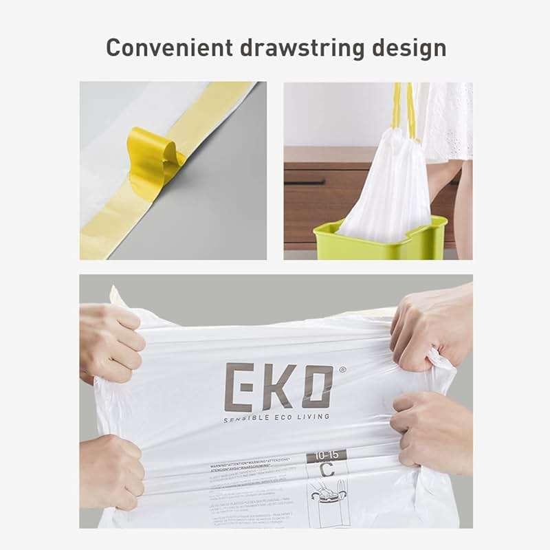 EKO 13 Gallon / 40-60 Liter, 60 Count Drawstring Trash Bags, Extra-Strong Unscented Garbage Bags, Easy-Dispense Roll for Kitchen & Household Use, Leak-Resistant, Code F, White - Image 6