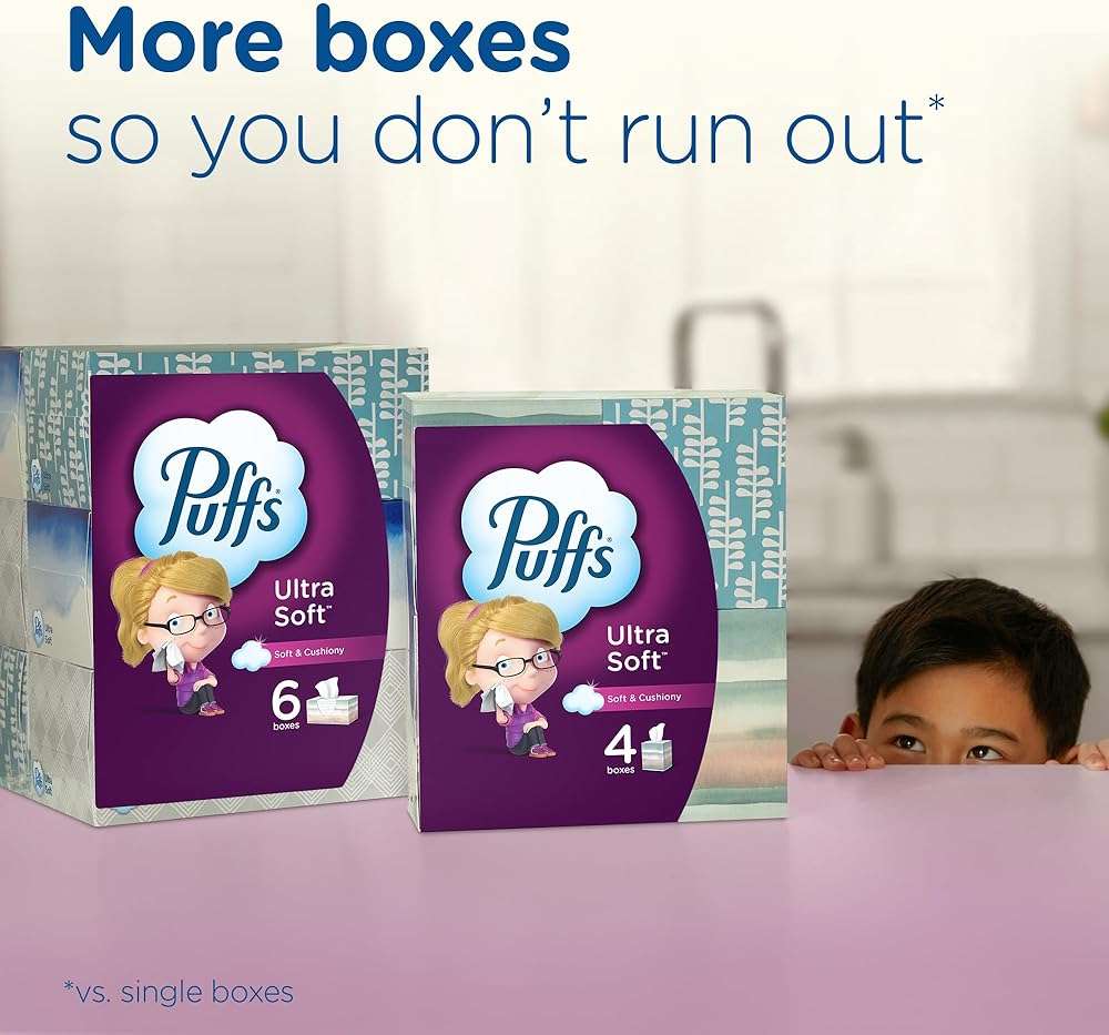 Puffs Facial Tissue Ultra Soft Non-Lotion, 8 Rectangle Boxes, 124 Facial Tissues per Box, Allergies and Colds (Packaging May Vary) - Image 9