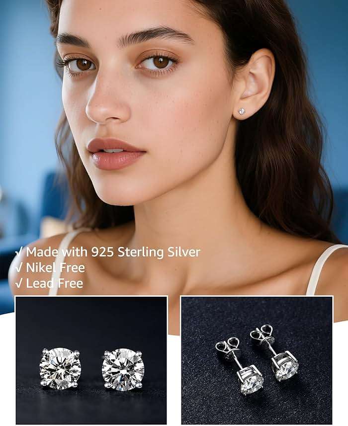 Moissanite Stud Earrings for Women, 925 Sterling Silver Earrings, 18K White Gold Plating earrings for Men (0.6-4ct) - Image 5