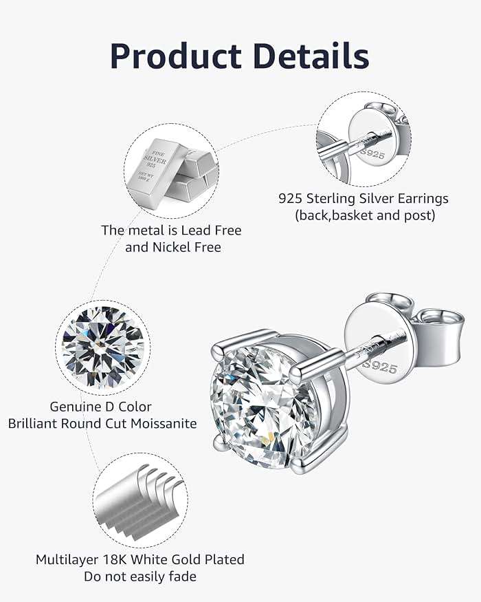 Moissanite Stud Earrings for Women, 925 Sterling Silver Earrings, 18K White Gold Plating earrings for Men (0.6-4ct) - Image 7