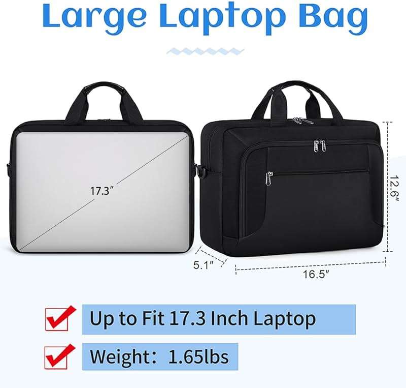 Laptop Bag 17.3 Inch Laptop Briefcase Large Waterproof Laptop Case for Men Women Business Office Work Computer Bag 17 Inch Adjustable Shoulder Messenger Bag, Black - Image 2