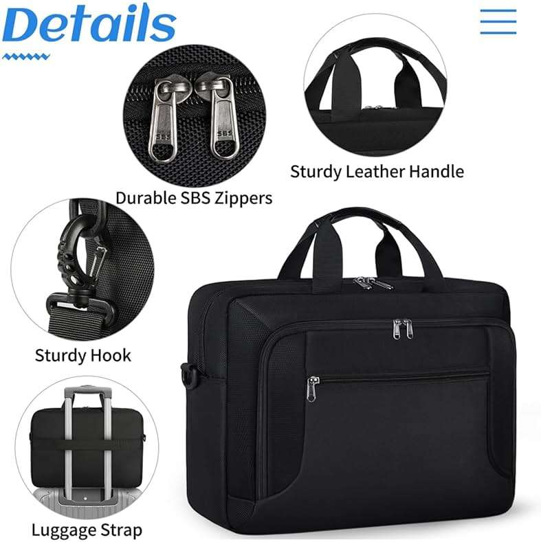 Laptop Bag 17.3 Inch Laptop Briefcase Large Waterproof Laptop Case for Men Women Business Office Work Computer Bag 17 Inch Adjustable Shoulder Messenger Bag, Black - Image 5