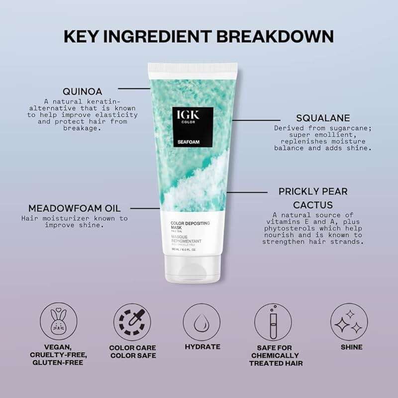 IGK Color Depositing Mask SEAFOAM - Pale Teal | Conditioning + Hydrate + Shine | Vegan + Cruelty Free | 6 Oz - Image 6