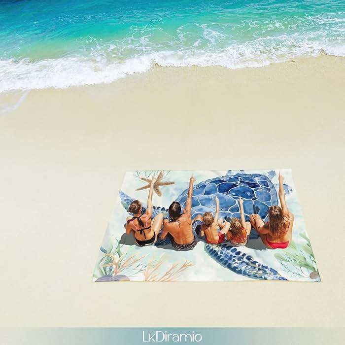 LkDiramio Beach Blanket Sand Proof Waterproof Oversized 100" x 80" Sand Free Mat with Corner Pockets and Mesh Bag for Outdoor, Picnic, Travel, Beach Accessories Portable, Watercolor Turtle - Image 8