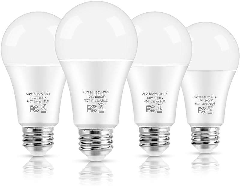 LED Light Bulbs, 100 Watt Equivalent A19, 13W 5000K Daylight White 1500 Lumens Non-Dimmable Bright E26 Edison Medium Screw Bulbs for Home Bedroom Kitchen Living Room Office Lamp, 4-Pack - Image 1