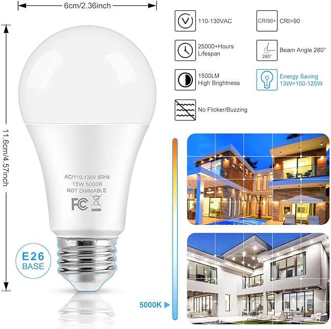 LED Light Bulbs, 100 Watt Equivalent A19, 13W 5000K Daylight White 1500 Lumens Non-Dimmable Bright E26 Edison Medium Screw Bulbs for Home Bedroom Kitchen Living Room Office Lamp, 4-Pack - Image 2