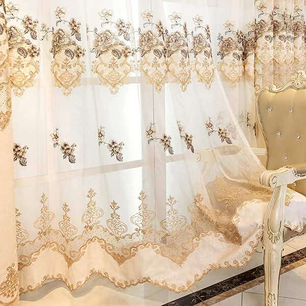 ELKCA European Style Luxury Beige Embroidered Sheer Curtain for Living Room Elegant Floral Tulle Curtains for Bedroom,Grommet Top,W52inch by L84inch,2 Panels - Image 3
