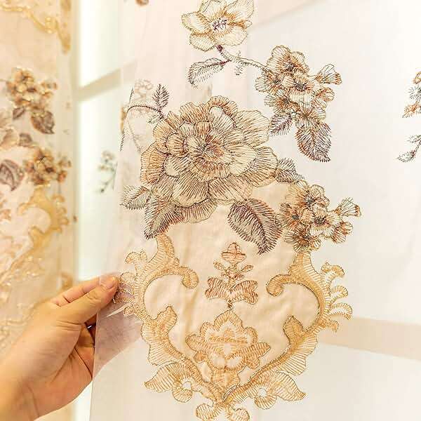 ELKCA European Style Luxury Beige Embroidered Sheer Curtain for Living Room Elegant Floral Tulle Curtains for Bedroom,Grommet Top,W52inch by L84inch,2 Panels - Image 4