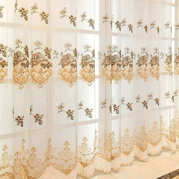 ELKCA European Style Luxury Beige Embroidered Sheer Curtain for Living Room Elegant Floral Tulle Curtains for Bedroom,Grommet Top,W52inch by L84inch,2 Panels - Image 5