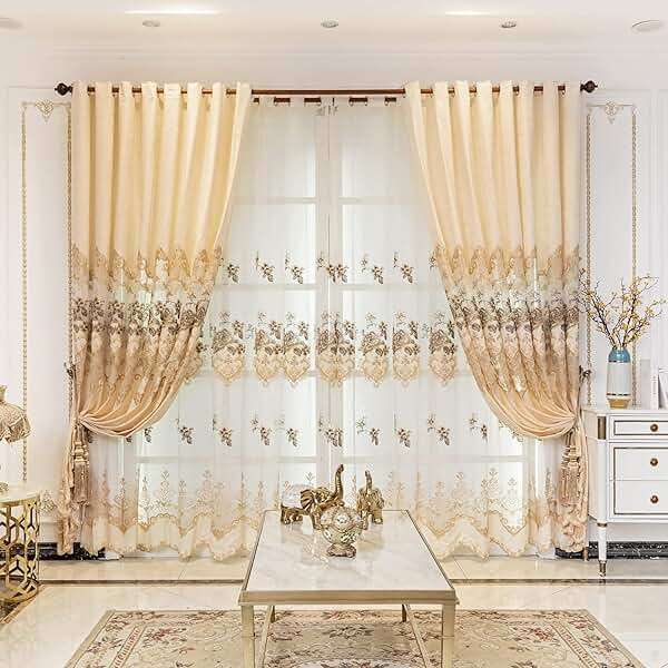 ELKCA European Style Luxury Beige Embroidered Sheer Curtain for Living Room Elegant Floral Tulle Curtains for Bedroom,Grommet Top,W52inch by L84inch,2 Panels - Image 7