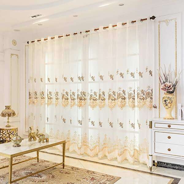 ELKCA European Style Luxury Beige Embroidered Sheer Curtain for Living Room Elegant Floral Tulle Curtains for Bedroom,Grommet Top,W52inch by L84inch,2 Panels - Image 9