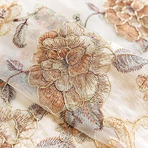 ELKCA European Style Luxury Beige Embroidered Sheer Curtain for Living Room Elegant Floral Tulle Curtains for Bedroom,Grommet Top,W52inch by L84inch,2 Panels - Image 10