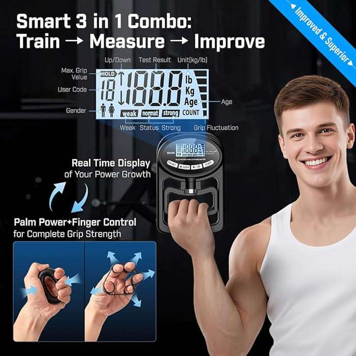 Hand Grip Strength Tester Trainer - Electronic Hand Dynamometer Forearm Grip Strengthener Exerciser Digital Training Gauge 265 Lbs 120 Kgs for Sport Home School Use - Image 2
