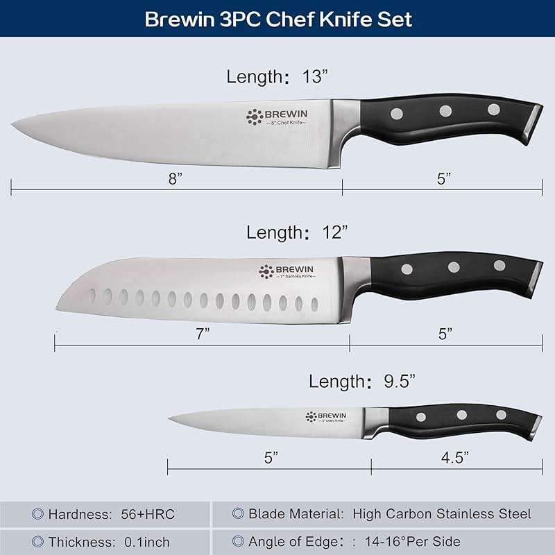 Brewin Professional Kitchen Knives, 3PC Chef Knife Set Sharp Knives for Kitchen High Carbon Stainless Steel, Japanese Cooking Knife with Gift Box - Image 3