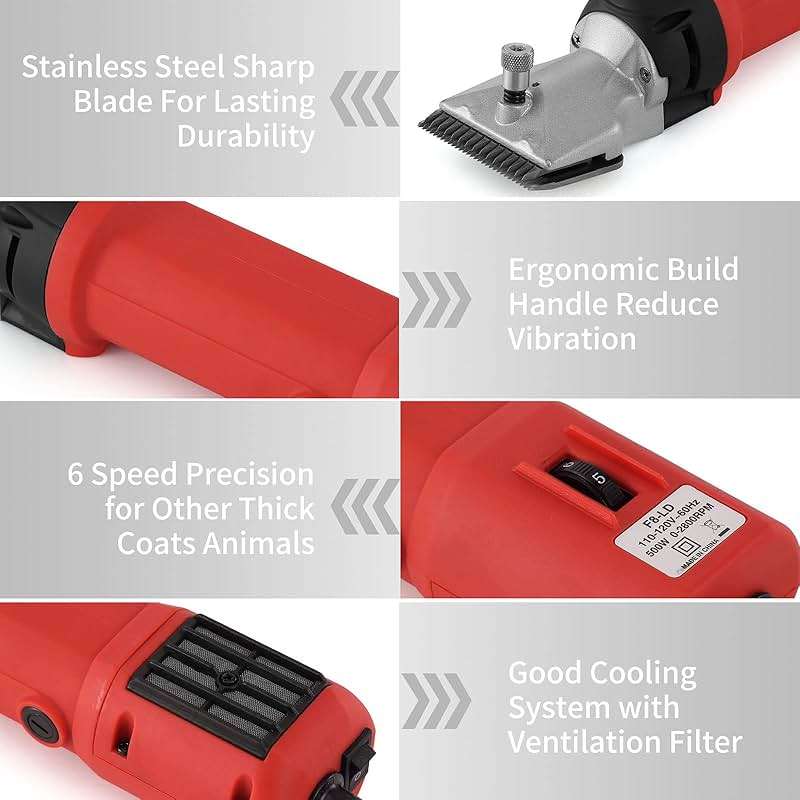 DUCKBOY Heavy Duty Clippers for Thick Coats Animals, 500W Professional Electric Shearing Machine for Horse Pony Cattle and Large Dogs Livestocks Grooming, 6 Speed & 2 Detachable Shearing Blades - Image 4