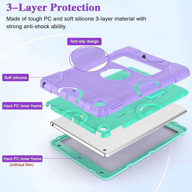 ZoneFoker for iPad 9th Generation Case, iPad 8th 7th Generation Case, iPad 10.2 Inch 2021/2020/2019 Case, Heavy Duty Rugged Shockproof Protective Cover with Kickstand Purple/Green - Image 3