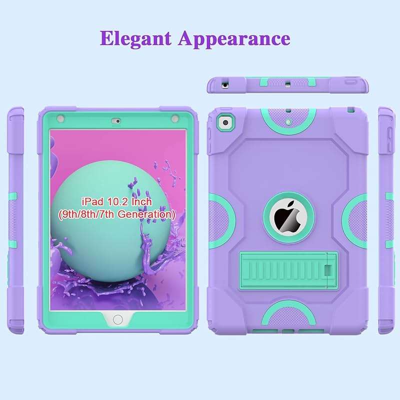 ZoneFoker for iPad 9th Generation Case, iPad 8th 7th Generation Case, iPad 10.2 Inch 2021/2020/2019 Case, Heavy Duty Rugged Shockproof Protective Cover with Kickstand Purple/Green - Image 7