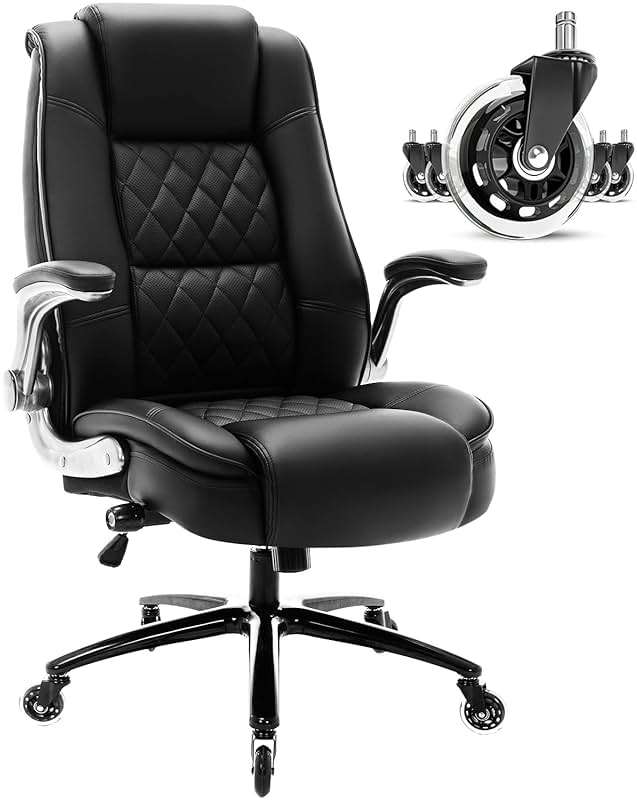 High Back Office Chair- Flip Arms Adjustable Built-in Lumbar Support, Executive Computer Desk Chair Work Chairs, Thick Padded Strong Metal Base Quiet Wheels, Ergonomic Design for Back Pain - Image 1