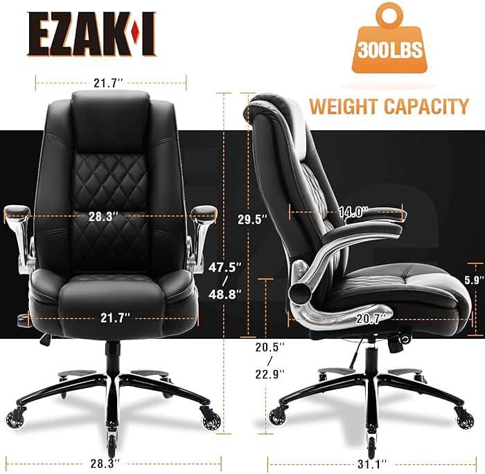 High Back Office Chair- Flip Arms Adjustable Built-in Lumbar Support, Executive Computer Desk Chair Work Chairs, Thick Padded Strong Metal Base Quiet Wheels, Ergonomic Design for Back Pain - Image 3