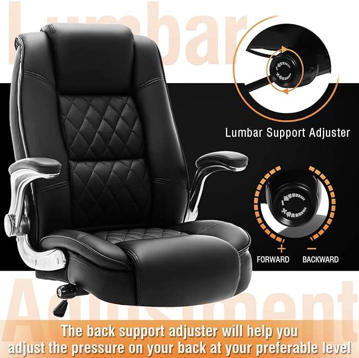 High Back Office Chair- Flip Arms Adjustable Built-in Lumbar Support, Executive Computer Desk Chair Work Chairs, Thick Padded Strong Metal Base Quiet Wheels, Ergonomic Design for Back Pain - Image 4