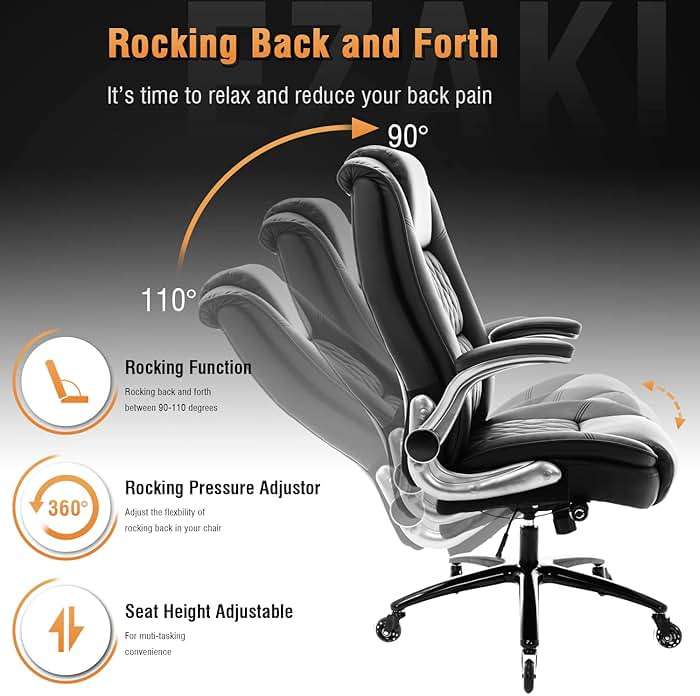 High Back Office Chair- Flip Arms Adjustable Built-in Lumbar Support, Executive Computer Desk Chair Work Chairs, Thick Padded Strong Metal Base Quiet Wheels, Ergonomic Design for Back Pain - Image 5