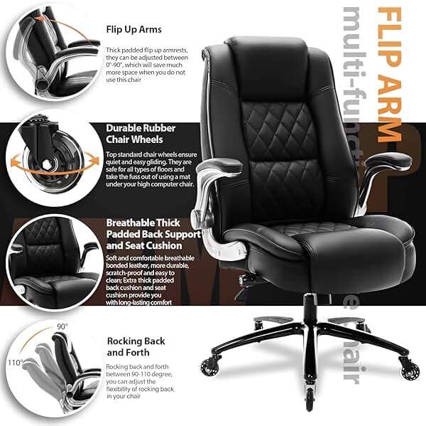 High Back Office Chair- Flip Arms Adjustable Built-in Lumbar Support, Executive Computer Desk Chair Work Chairs, Thick Padded Strong Metal Base Quiet Wheels, Ergonomic Design for Back Pain - Image 6