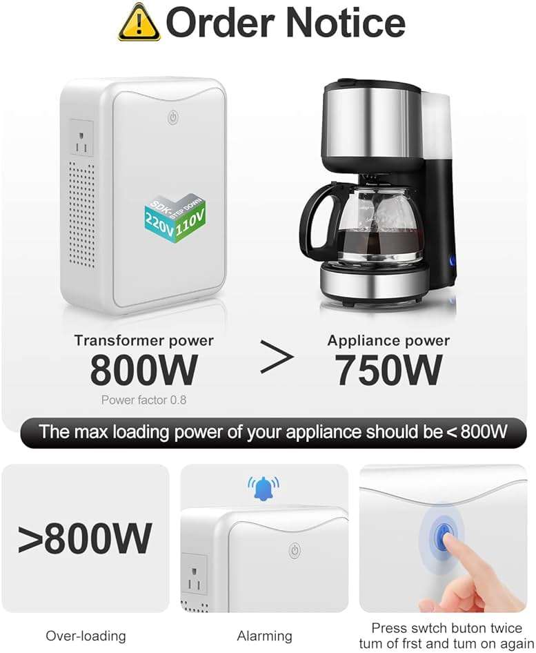 220v to 110v Step Down Transformer 1000W Power Voltage Converters, No Noise, Suit for Coffee Machines, Rice Cookers and Other Kitchen Appliances，Using US and Japan Appliance in Asia or Europe - Image 6