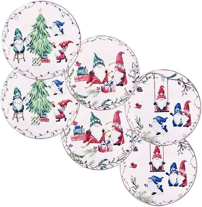 Bico Christmas Gnomes Appetizer Plates Set of 6, 6 Inch Small Ceramic Dessert Plates for Snacks, Salad, Tablescape, Microwave and Dishwasher Safe, Gift for Housewarming and Thanksgiving - Image 1