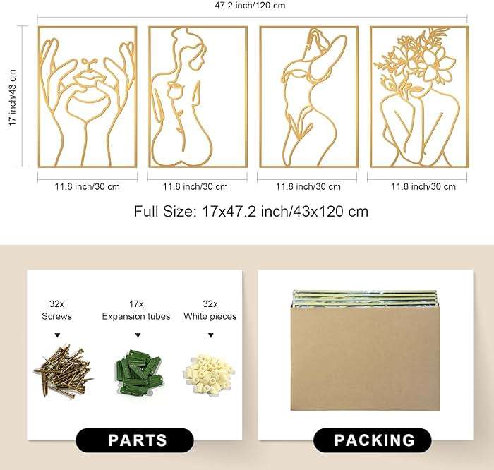 Glamativity 4 Pack Gold Wall Art Decor, Minimalist Single Line Real Metal Wall Art, Woman's Body Shape Abstract Wall Art (Gold Classic Style, 17 x 11.8'') - Image 2