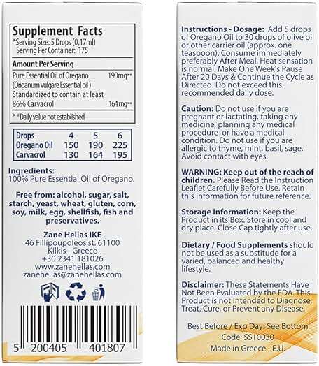 Zane Hellas 190 mg Oregano Oil-164 mg Carvacrol per Serving-4 Drops Daily. 100% Greek Undiluted Oil of Oregano. 86%-90% Min Carvacrol. Probably The Best Oregano Oil in The World. 1 fl. oz.- 30ml - Image 3