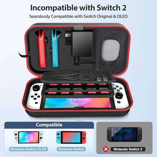 Switch Carrying Case Compatible with Nintendo & OLED, Portable Switch Travel Carry Case Fit for Joy-Con and Adapter, Hard Shell Protective OLED Pouch Bag with 20 Games, Red Interactive Gaming Figures - Image 2