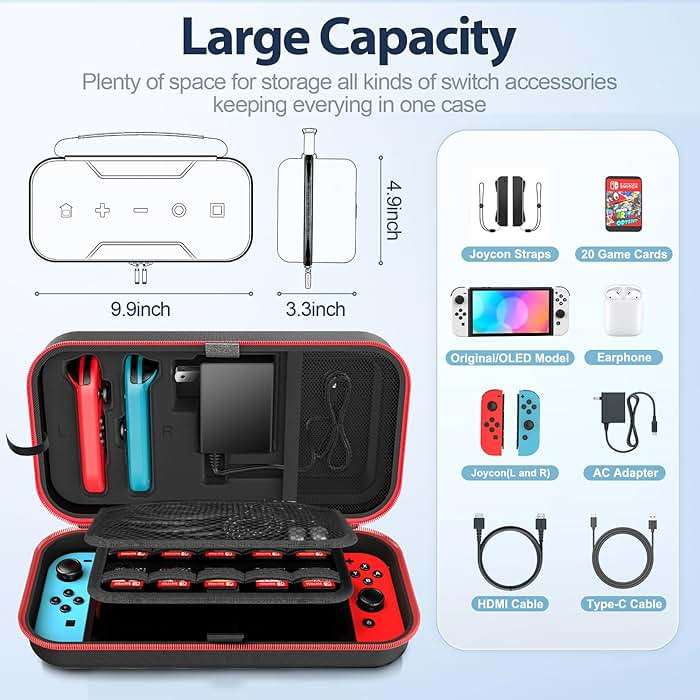 Switch Carrying Case Compatible with Nintendo & OLED, Portable Switch Travel Carry Case Fit for Joy-Con and Adapter, Hard Shell Protective OLED Pouch Bag with 20 Games, Red Interactive Gaming Figures - Image 4