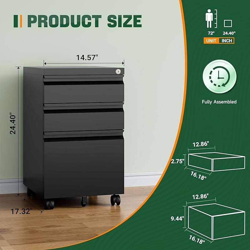 Letaya 3 Drawer Mobile File Cabinet with Lock,Under Desk Metal Filing Cabinets for Home Office Organizer Letters/Legal/A4((Fully Assembled-Black) - Image 2
