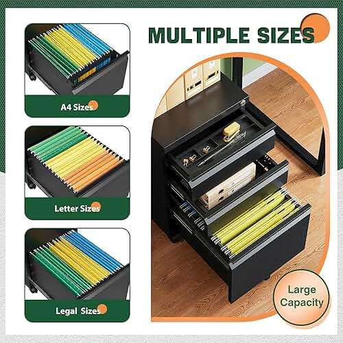 Letaya 3 Drawer Mobile File Cabinet with Lock,Under Desk Metal Filing Cabinets for Home Office Organizer Letters/Legal/A4((Fully Assembled-Black) - Image 5