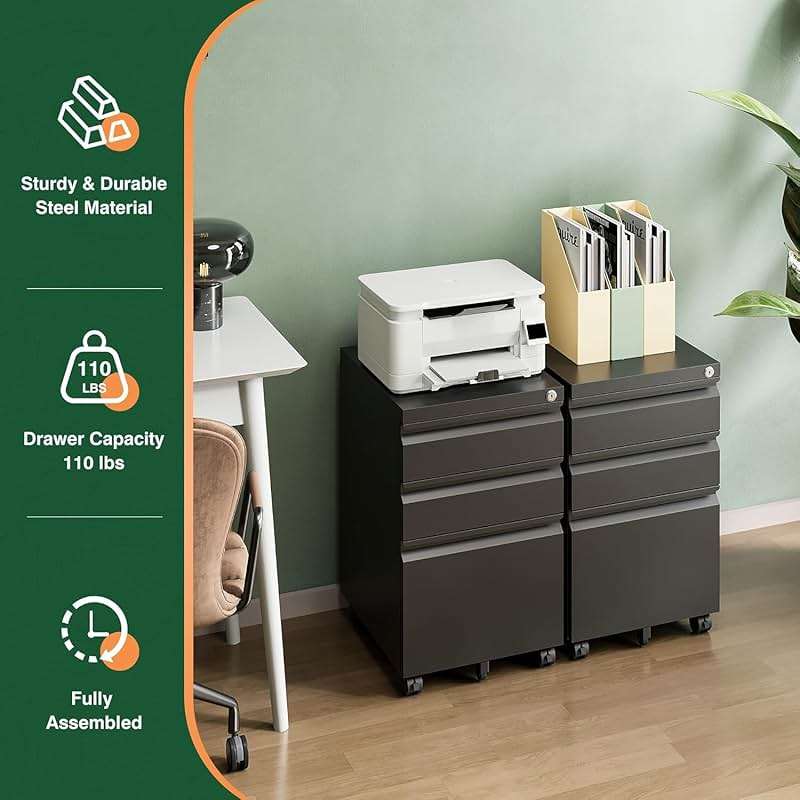 Letaya 3 Drawer Mobile File Cabinet with Lock,Under Desk Metal Filing Cabinets for Home Office Organizer Letters/Legal/A4((Fully Assembled-Black) - Image 7